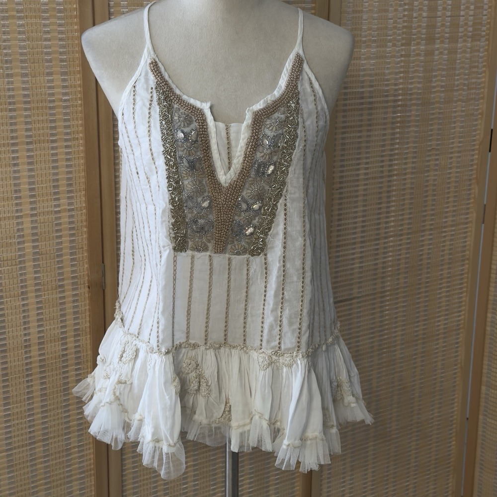 Giacomo Cinque Romantic Lace Fairy Sheer White Eyelets Boho Sz S Strap Top Beads